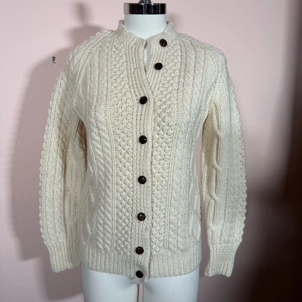 Vintage 1950’s hand knit Cable Knit Irish wool Cream Cardigan sweater fisherman - Picture 13 of 13
